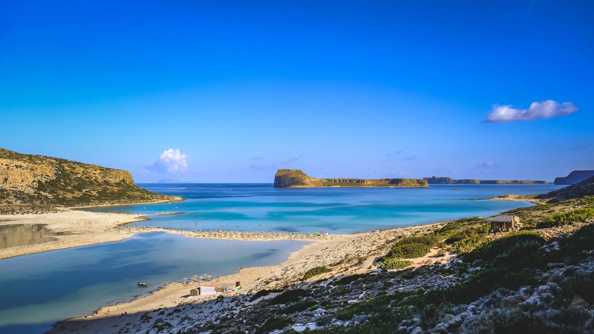 The turquoise lagoon and pale sand of Balos on the northwest coast of Crete, seen from the Gramvousa peninsula